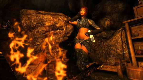 Шэйла в пещере у костерка.. Enderal (сборка 3.0)