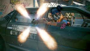 Во время боя с полицейскими Найт-Сити.