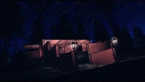 Красный дом под небом ночи.